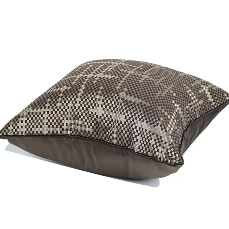 Brown and silver checkered pillow cover with woven texture wabi sabi decorbites brown geometric random design