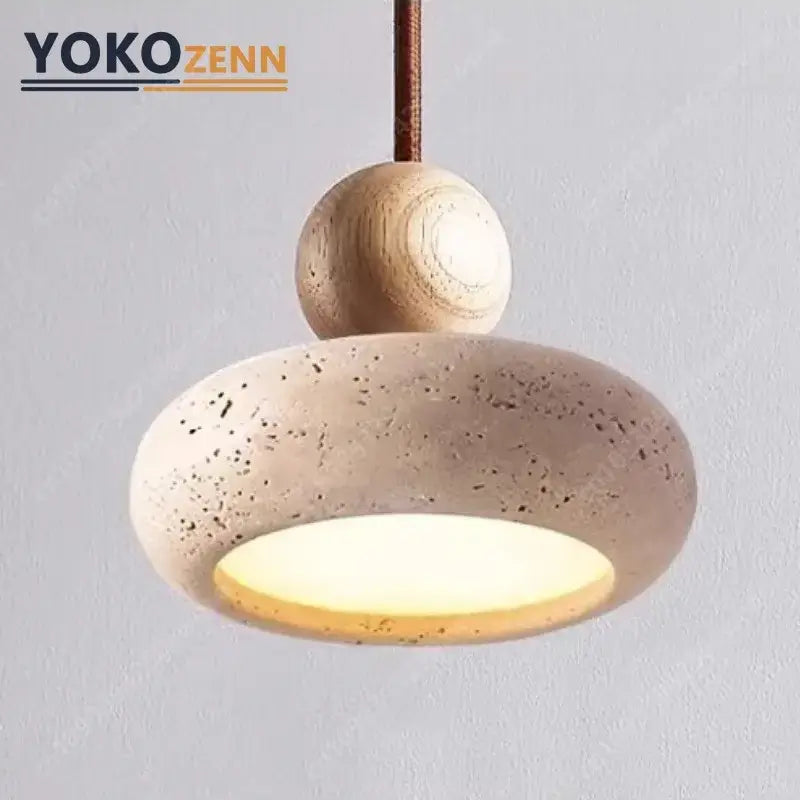 Minimalist pendant light with natural wood sphere and beige travertine stone ring 15cm x 11cm for dining room