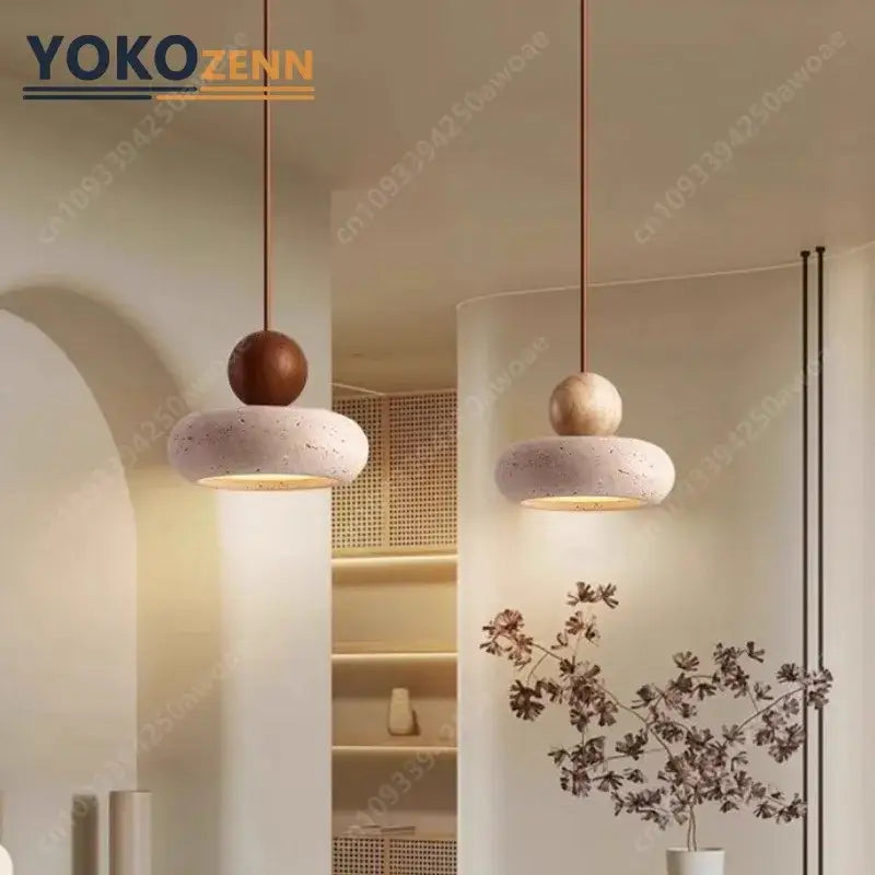 Two minimalist pendant lights with travertine stone bases in warm brown and beige for dining room 15cm x 11cm