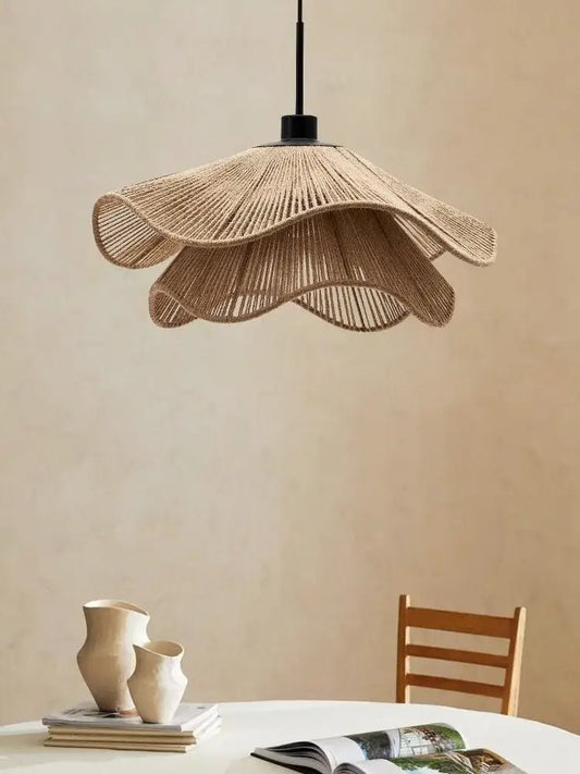 Wabi-sabi brown & beige woven rattan pendant light dining room - Decorbites
