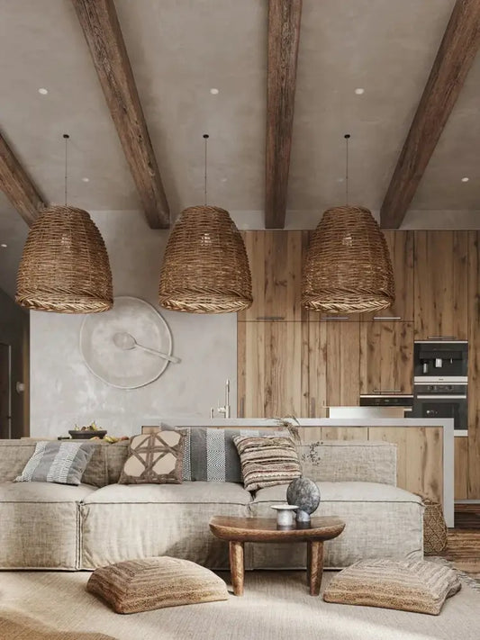 Three hanging wabi sabi brown handmade rattan seaside pendant lamps with woven texture for dining room decorbites handmade rattan