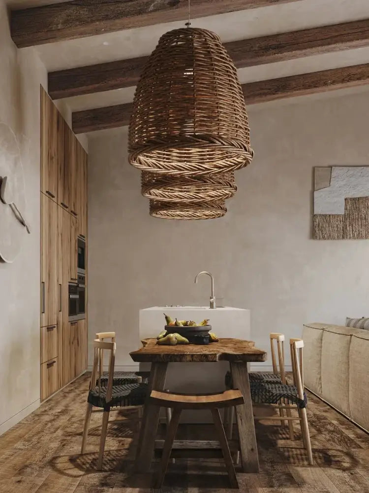Wabi sabi brown handmade rattan pendant lamp with tiered conical design for seaside dining room decorbites handmade rattan