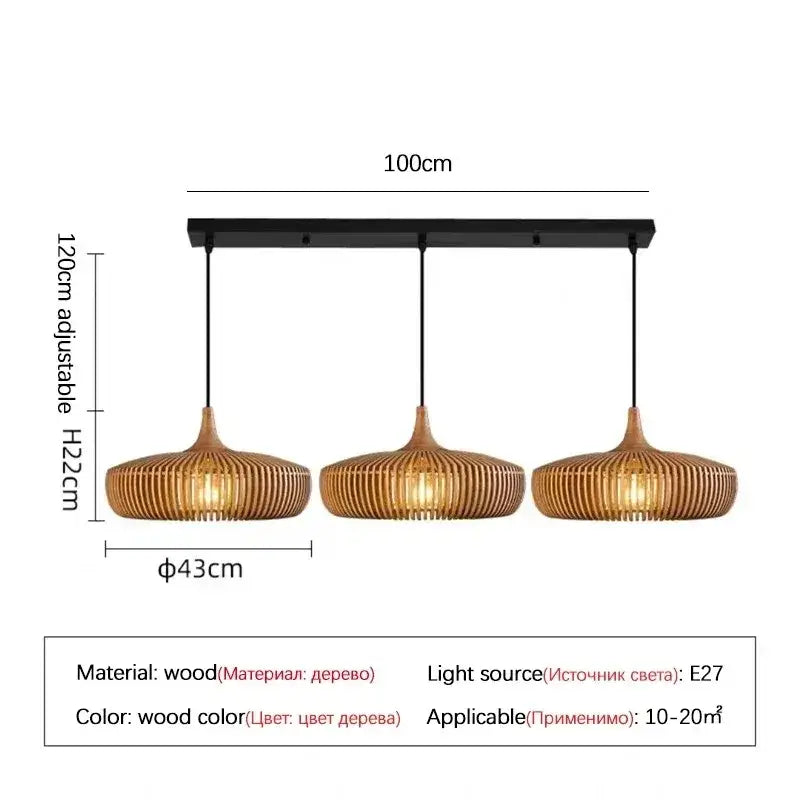 Modern wabi-sabi brown ribbed wood pendant light with three slender shades suspended from black metal bar light source
