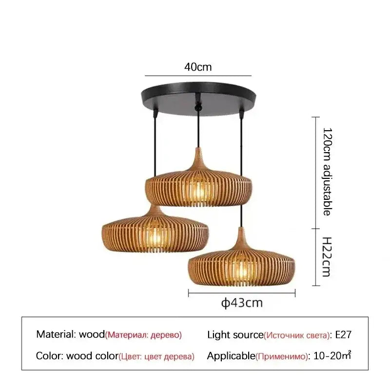 Three-tiered brown ribbed wood pendant light with slatted design as a natural light source for living room square meters