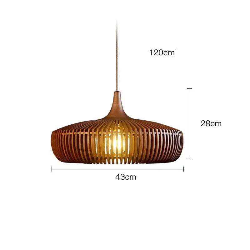 Wabi-sabi brown ribbed wood pendant light with fluted disc design and vertical slats as a living room light source
