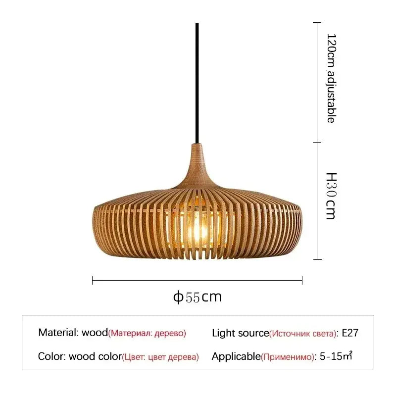 Wabi-sabi brown ribbed wood pendant light with warm tones and adjustable black cord as a living room light source