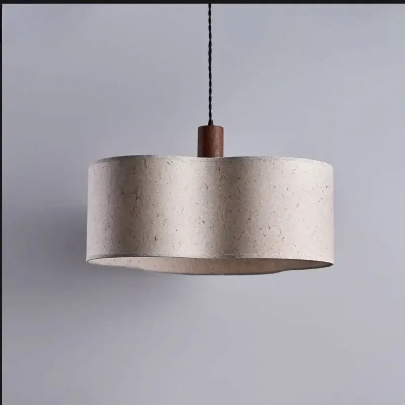 Beige textured cylindrical fabric pendant chandelier lamp with wooden finial and black cord for decorbites cream wabi-sabi decor
