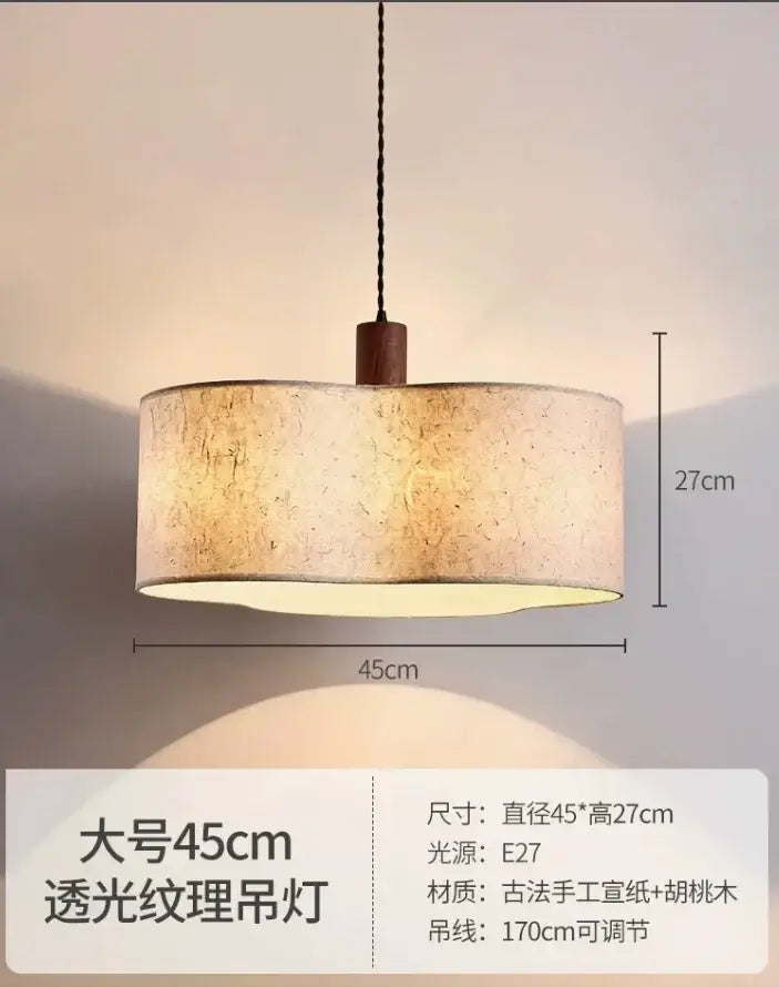 Warm-toned decorbites cream wabi-sabi chandelier lamp with textured handmade paper shade and wooden top for bedroom decor