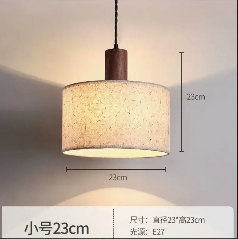 Decorbites cream wabi-sabi chandelier lamp with a warm cylindrical fabric shade and dark wood finish top for bedroom decor