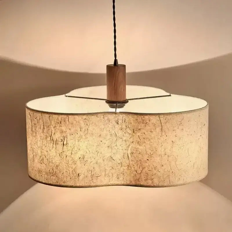 Warm-toned decorbites cream wabi-sabi chandelier lamp with textured paper shade and wood-finished metal fixture for bedroom decor