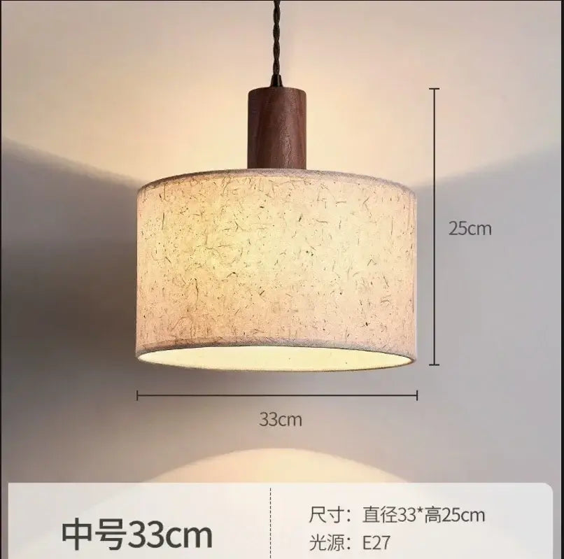 Warm-toned decorbites cream wabi-sabi chandelier lamp with beige fabric shade and dark wood top for bedroom pendant lighting