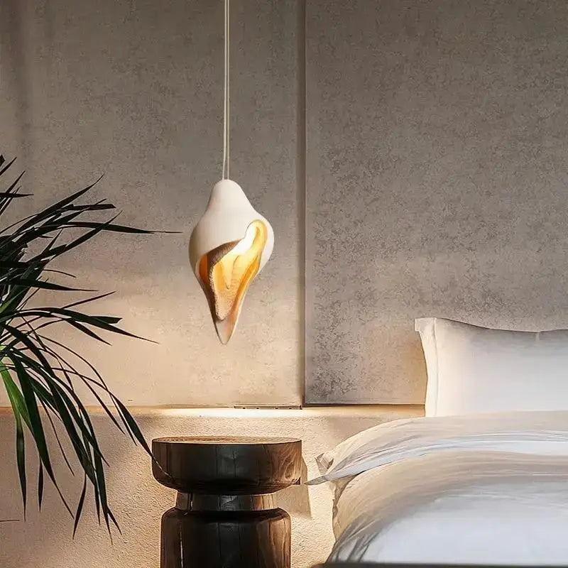 Wabi sabi cream gypsum conch pendant lamp with white and gold ceramic seashell design for elegant living room decorbites gypsum conch pendant
