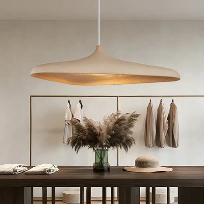 Beige high polymer pendant light with textured surface and warm glow ideal for dining room lighting in square meters