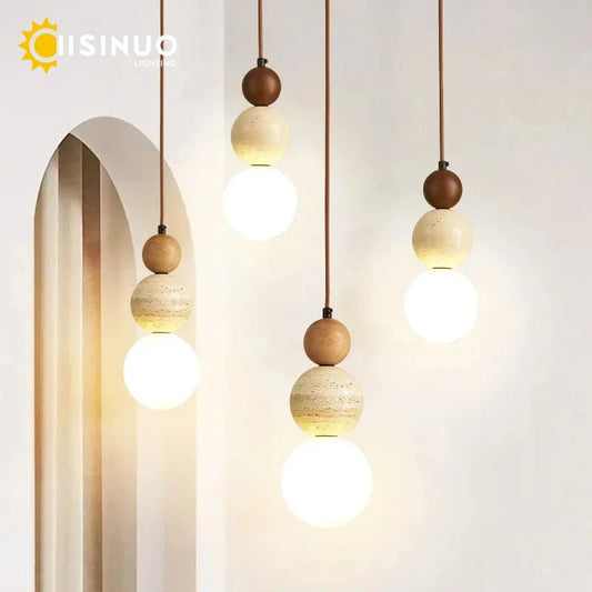 Wabi Sabi Cream Stone Pendant Light With Wooden Accent - Decorbites