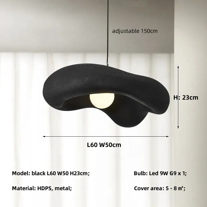 Black organic-shaped led pendant light with matte hdps and metal finish for wabi sabi creamy white cloud bedroom lamp