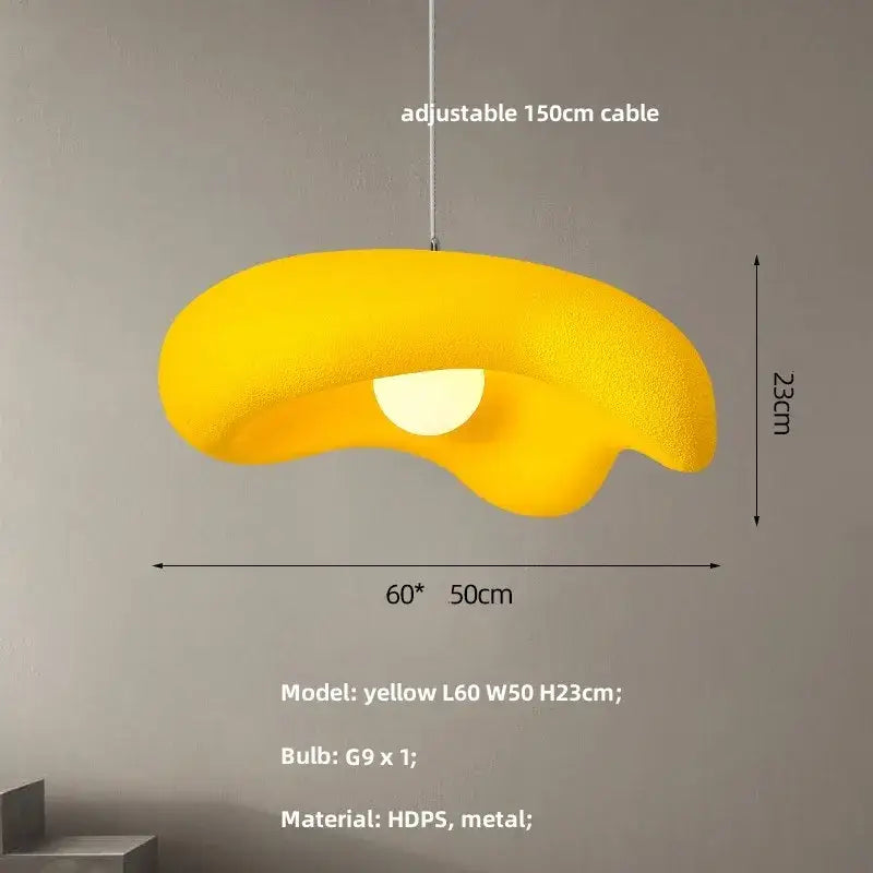 A vibrant yellow cloud-shaped led pendant light with soft texture and adjustable 150cm cable for bedroom use