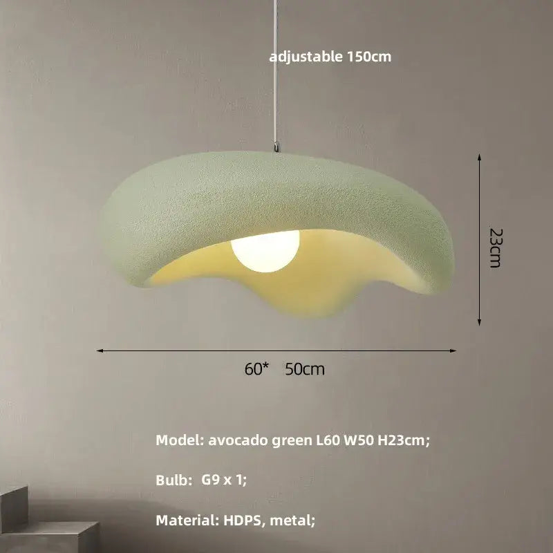 Avocado green led pendant light with textured hdps shade and metal hardware for wabi sabi bedroom lighting