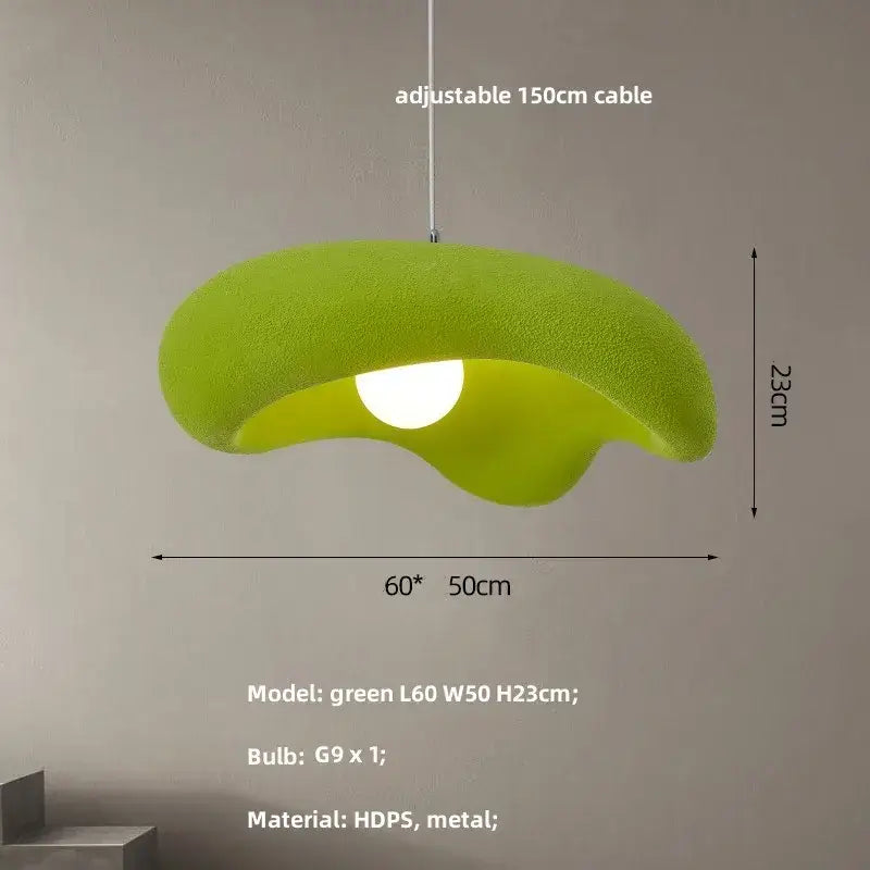 A vibrant lime green cloud-shaped led pendant light with a soft textured surface and metallic hardware for bedrooms