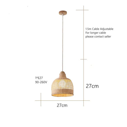 Beige woven rattan decorbites bamboo pendant lamp with wooden ceiling mount and adjustable cable for modern rustic interiors