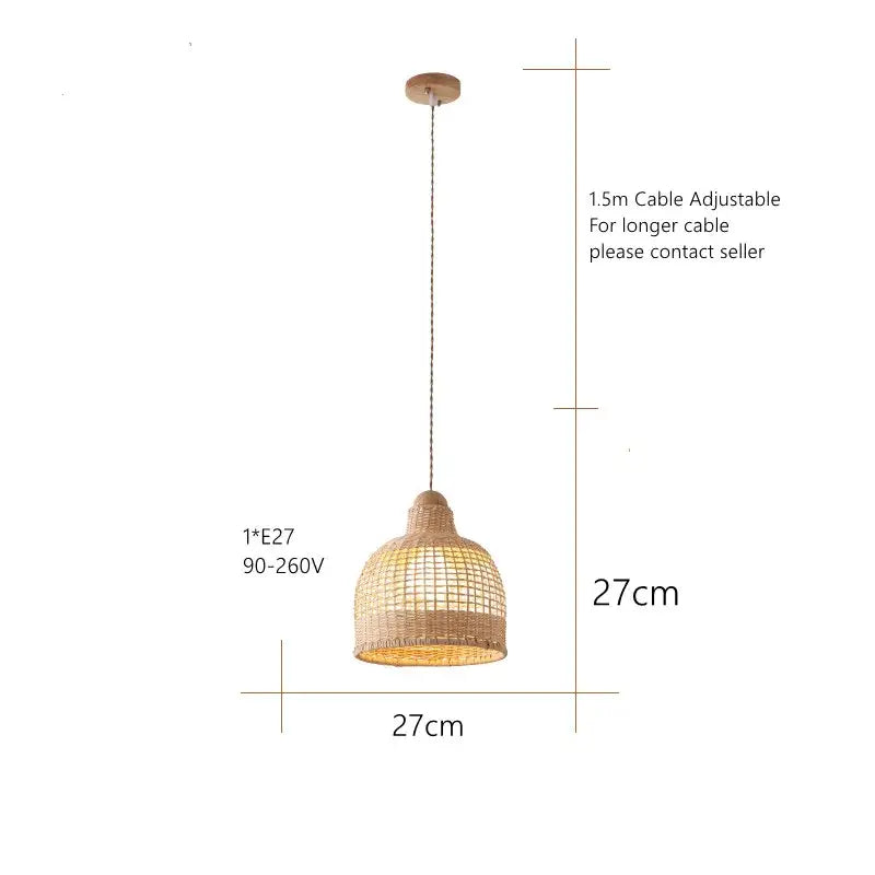 Beige woven rattan decorbites bamboo pendant lamp with wooden ceiling mount and adjustable cable for modern rustic interiors