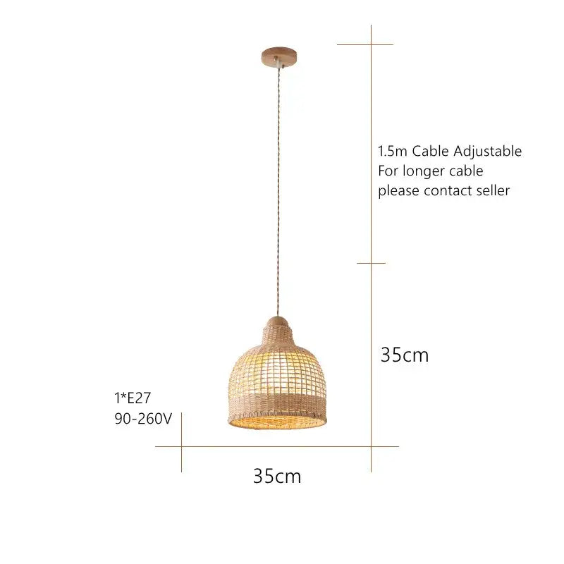 A warm-toned decorbites bamboo pendant lamp with woven rattan shade and natural wood mount for dining room island