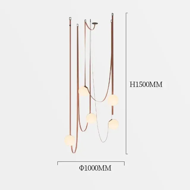 A wabi sabi designer copper and white pendant chandelier with spherical glass bulbs for living room or duplex wabi sabi decor