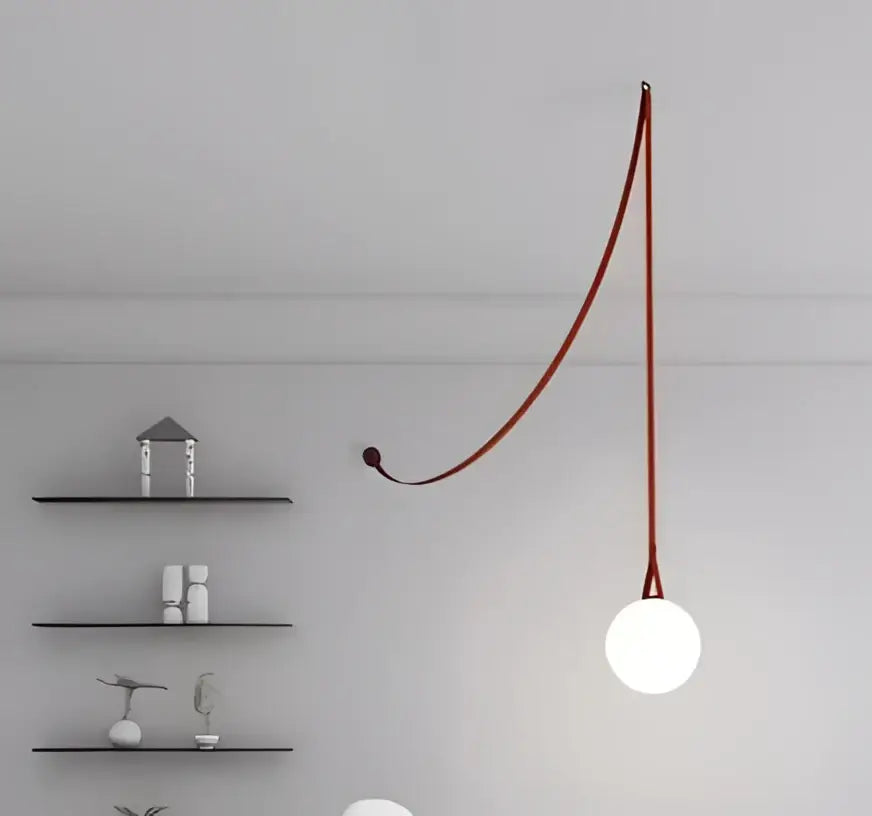 Minimalist wabi sabi designer chandelier with curved red cord and white glass bulb for living room duplex lighting