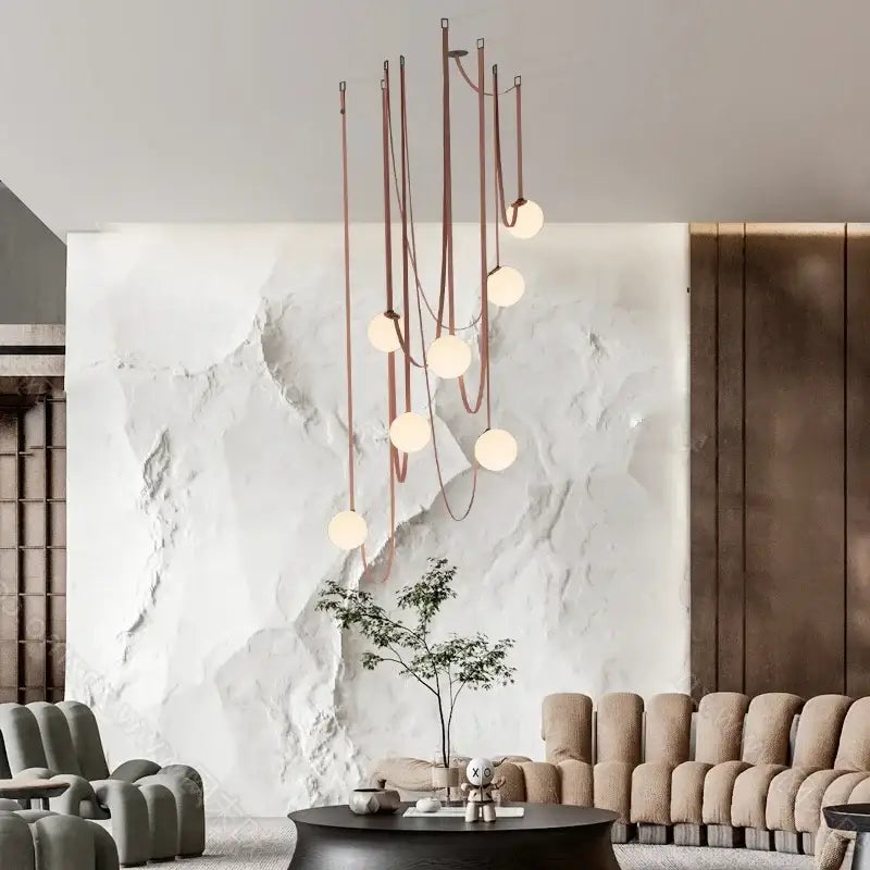 Modern copper-toned wabi sabi designer chandelier with frosted glass bulbs for living room duplex wabi sabi lighting