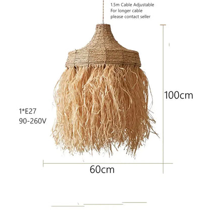 Natural fiber pendant lamp with woven fringed design in beige tones decorbites handmade woven rattan pendant lamps