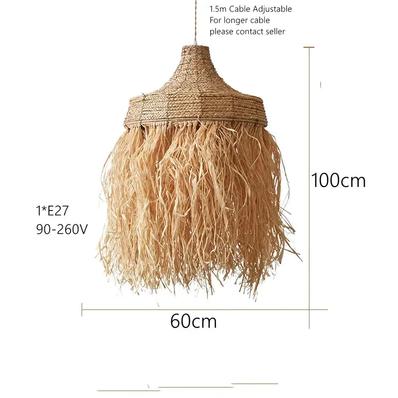 Natural fiber pendant lamp with woven fringed design in beige tones decorbites handmade woven rattan pendant lamps