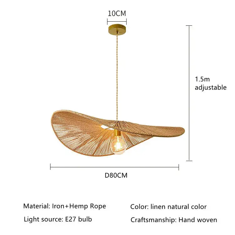 Wabi sabi golden fan bamboo pendant lights featuring a hand-woven linen-colored iron and hemp rope design for dining room