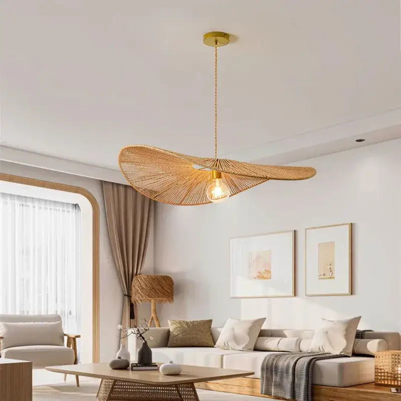 Wabi sabi golden fan bamboo pendant lights featuring a woven rattan design with exposed bulb for dining room lighting