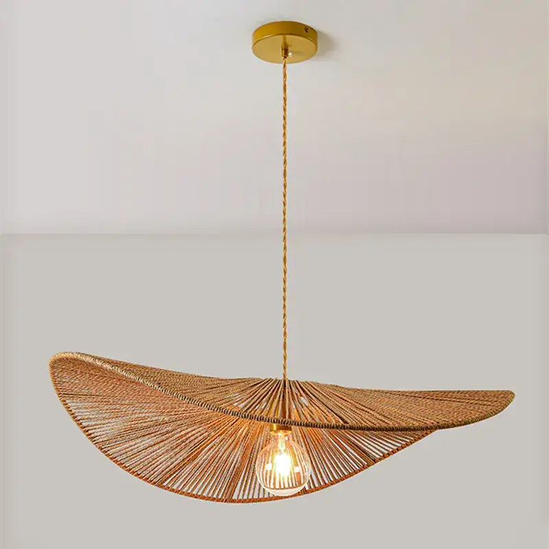 Warm-toned woven bamboo wabi sabi pendant lights with golden ceiling fixture for dining room lighting