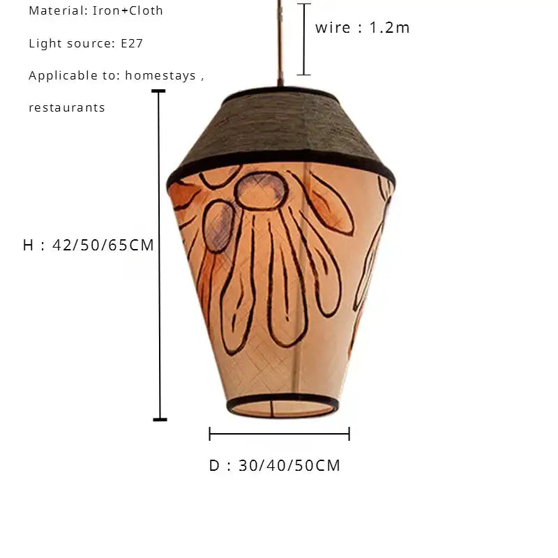Beige and brown hand-painted floral wabi sabi pendant lamp with iron and cloth construction for dining room decorbites colored wabi