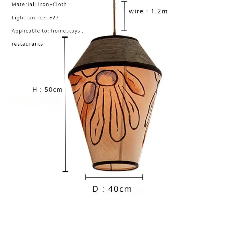Beige hand-painted fabric pendant lamp with dark brown woven trim for dining room wabi sabi decorbites colored wabi
