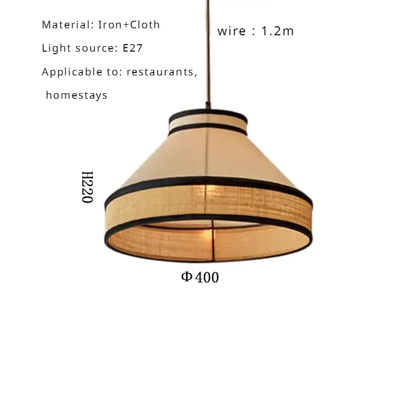 Conical wabi sabi pendant lamp with beige woven fabric shade and black bands suspended from iron frame for dining room decorbites colored wabi