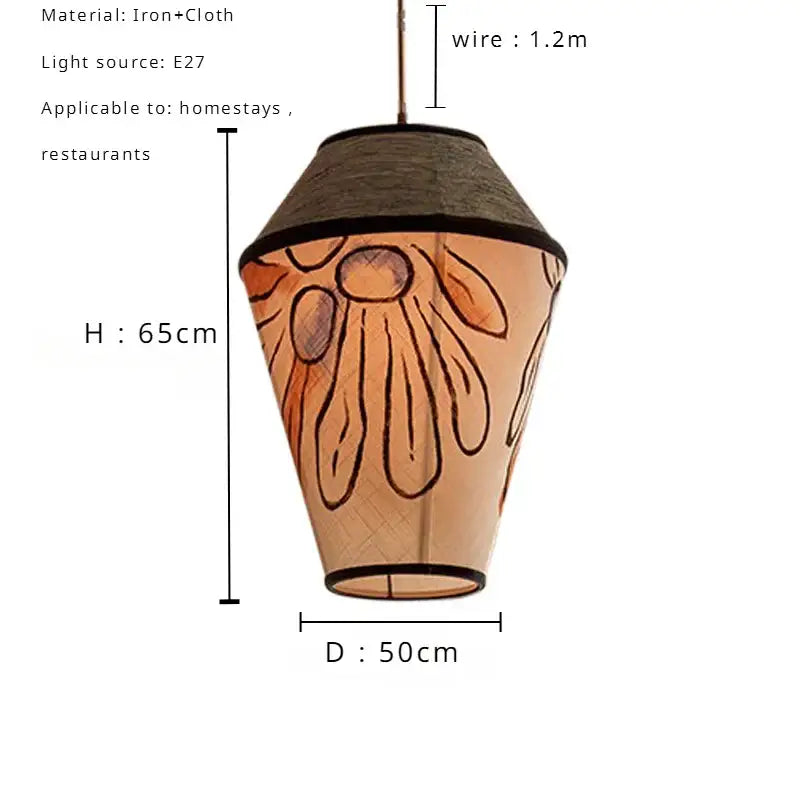 A warm-toned wabi sabi pendant lamp with hand-painted fabric and woven iron frame for dining room decorbites colored wabi