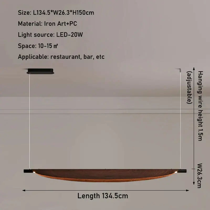 Modern minimalist led wabi sabi wood pendant light with amber glow and curved wooden disc for dining room