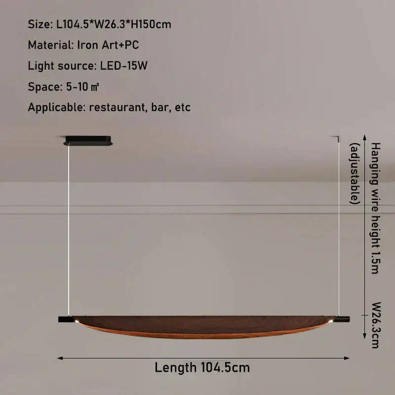 Modern minimalist wabi sabi led wood pendant light with curved amber wooden disc for dining room lighting