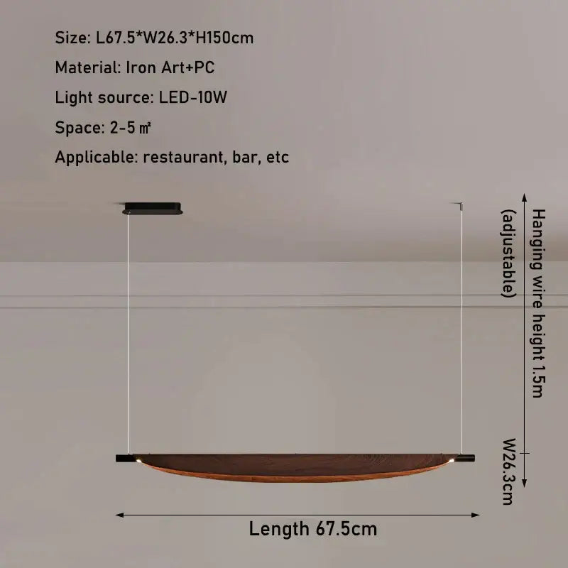 Modern minimalist led wabi sabi pendant light with curved wooden disc and black iron frame for dining room amber glow