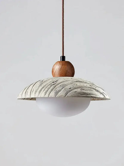 Wabi-sabi off-white cement pendant chandelier with textured silver metal shade and warm wood sphere for dining room decorbites cement pendant