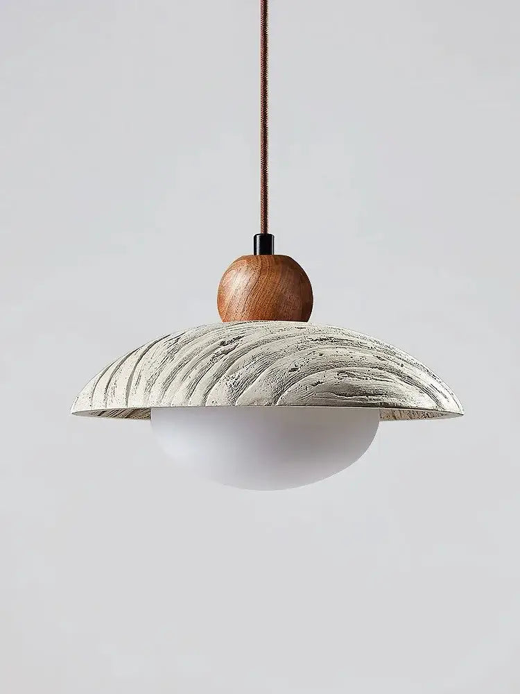 Wabi-sabi off-white cement pendant chandelier with textured silver metal shade and warm wood sphere for dining room decorbites cement pendant