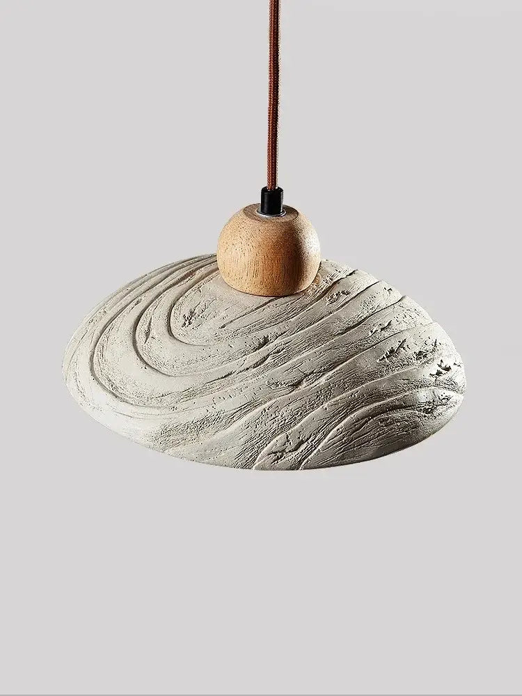 Wabi-sabi off-white cement pendant chandelier with a textured swirling surface and natural wood sphere centerpiece for dining room decorbites cement pendant