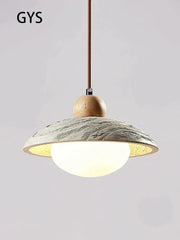 Rustic wabi-sabi off-white cement pendant chandelier with textured ceramic shade and natural wood top for dining room decorbites cement pendant