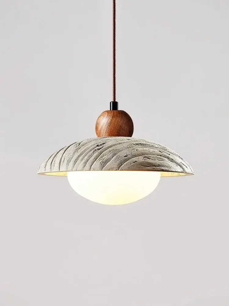 Wabi-sabi off-white cement pendant chandelier with textured ceramic shade and wooden top for dining room decorbites cement pendant