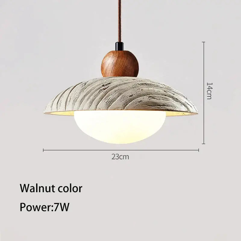 Wabi-sabi off-white cement pendant chandelier with a walnut wooden sphere and textured ceramic shade for dining room decorbites cement pendant