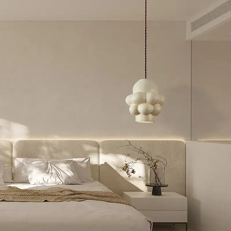 Off-white creamy wind led chandelier with cloud-shaped textured surface and spherical clusters for dining room decorbites decor
