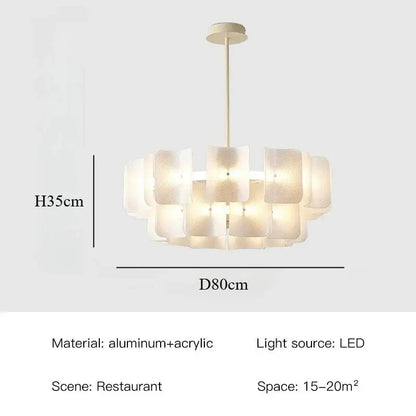Modern off-white pendant light with layered textured acrylic shades and painted iron finish aluminum frame for dining room