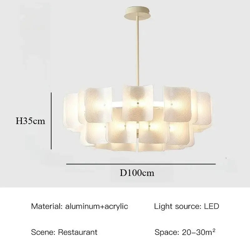 Modern off-white pendant light with layered translucent acrylic panels and painted iron finish for dining room use
