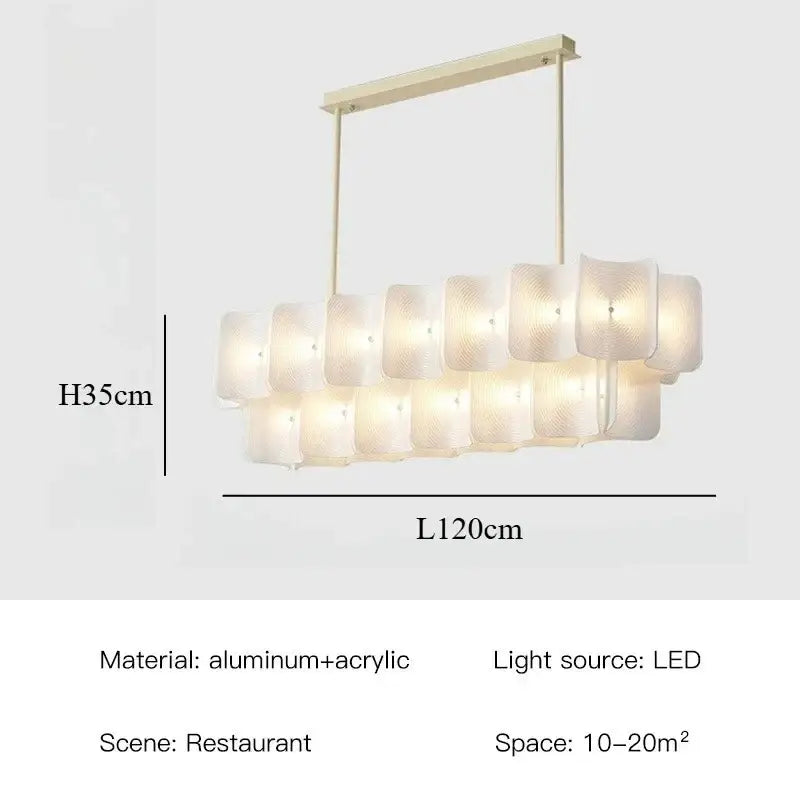 Modern rectangular pendant light with painted iron finish gold frame and off-white acrylic panels for dining room